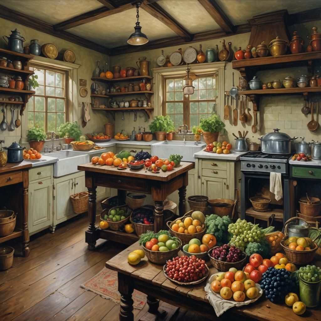 Victorian Kitchen Still Life as Vintage Oil Painting