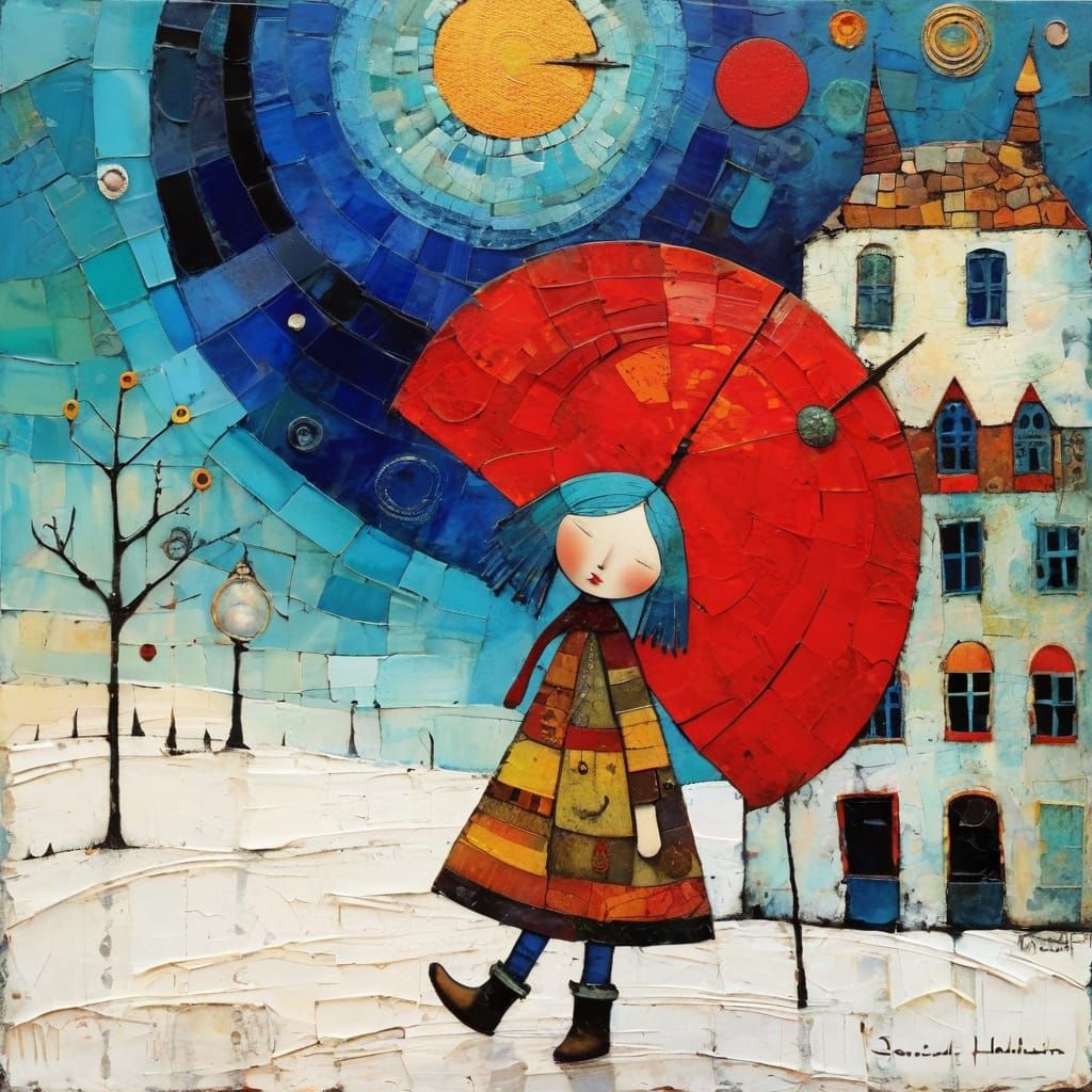 Textured Encaustic Painting in Naive Style