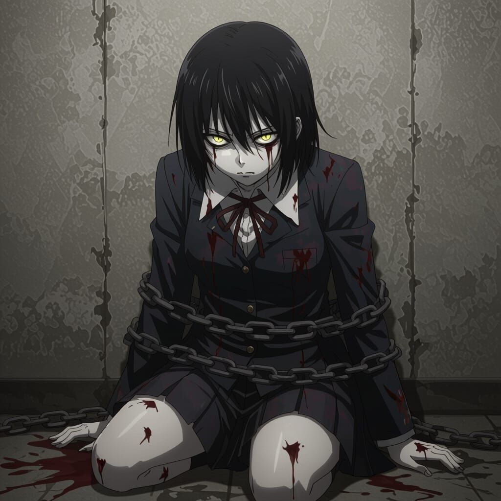 Chained Figure in Anime Style: Guilt and Despair