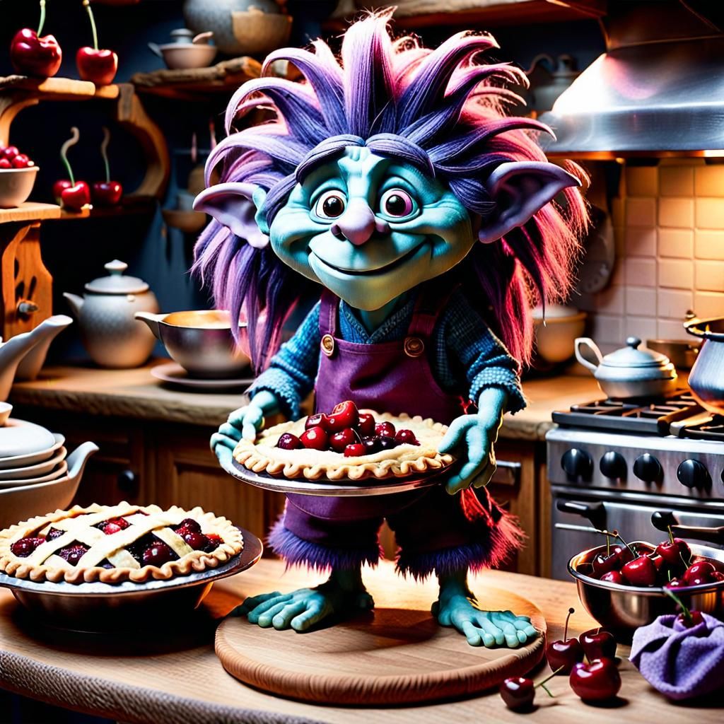 A charming claymation troll dressed in a baker's outfit engaged in baking a cherry pie