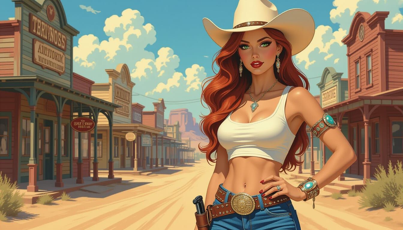 Anime Cowgirl with Red Hair in Old West Town