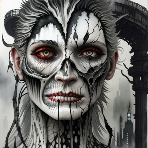 Monster in Dystopian Cityscape: Double Exposure Photography