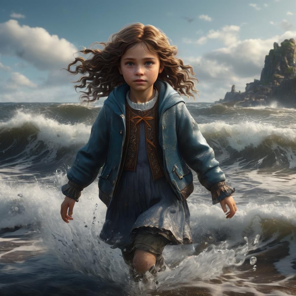 Hyperrealistic Girl Near Waves: Detailed Matte Painting