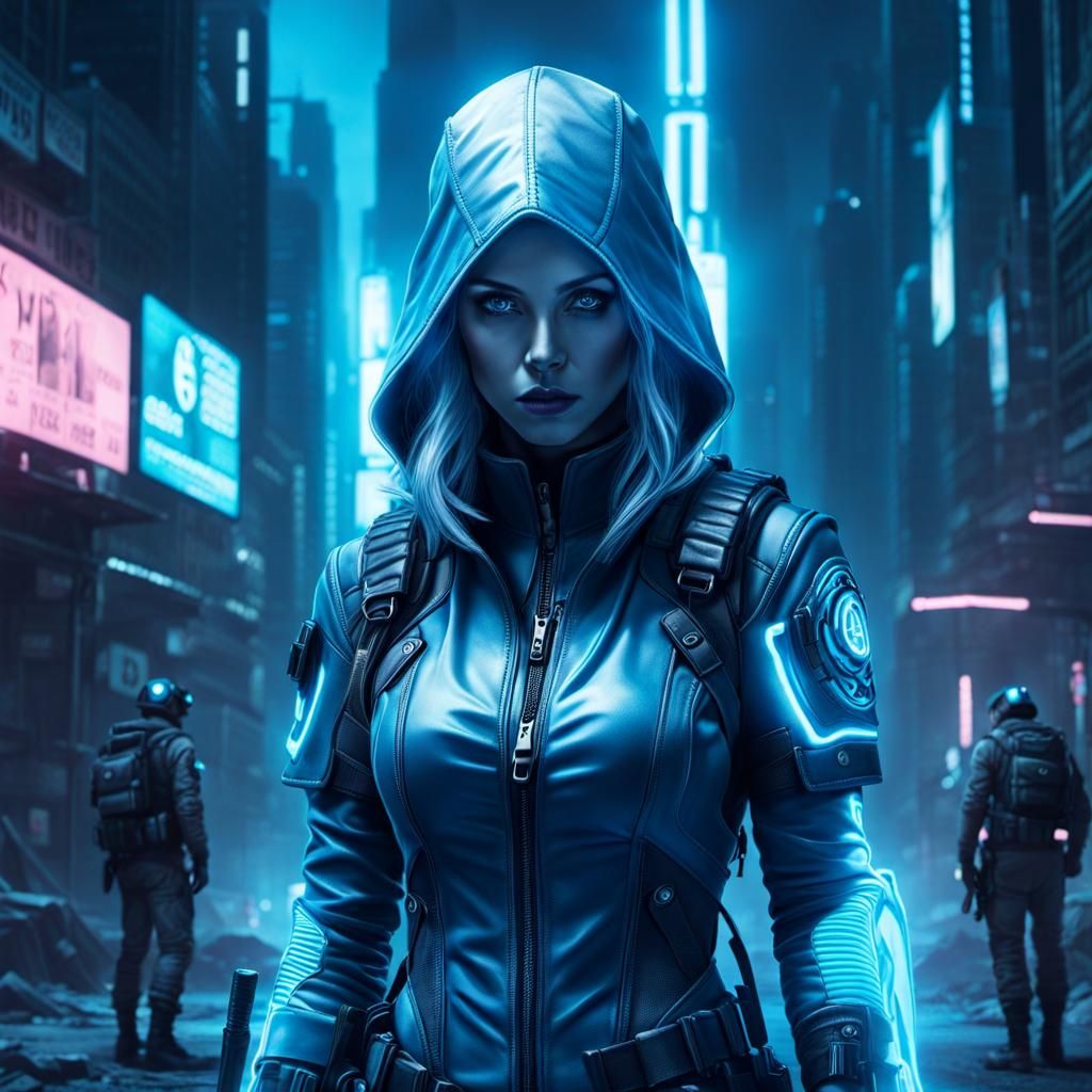 Ghostly Woman in Cyberpunk Post-Apocalyptic Scene