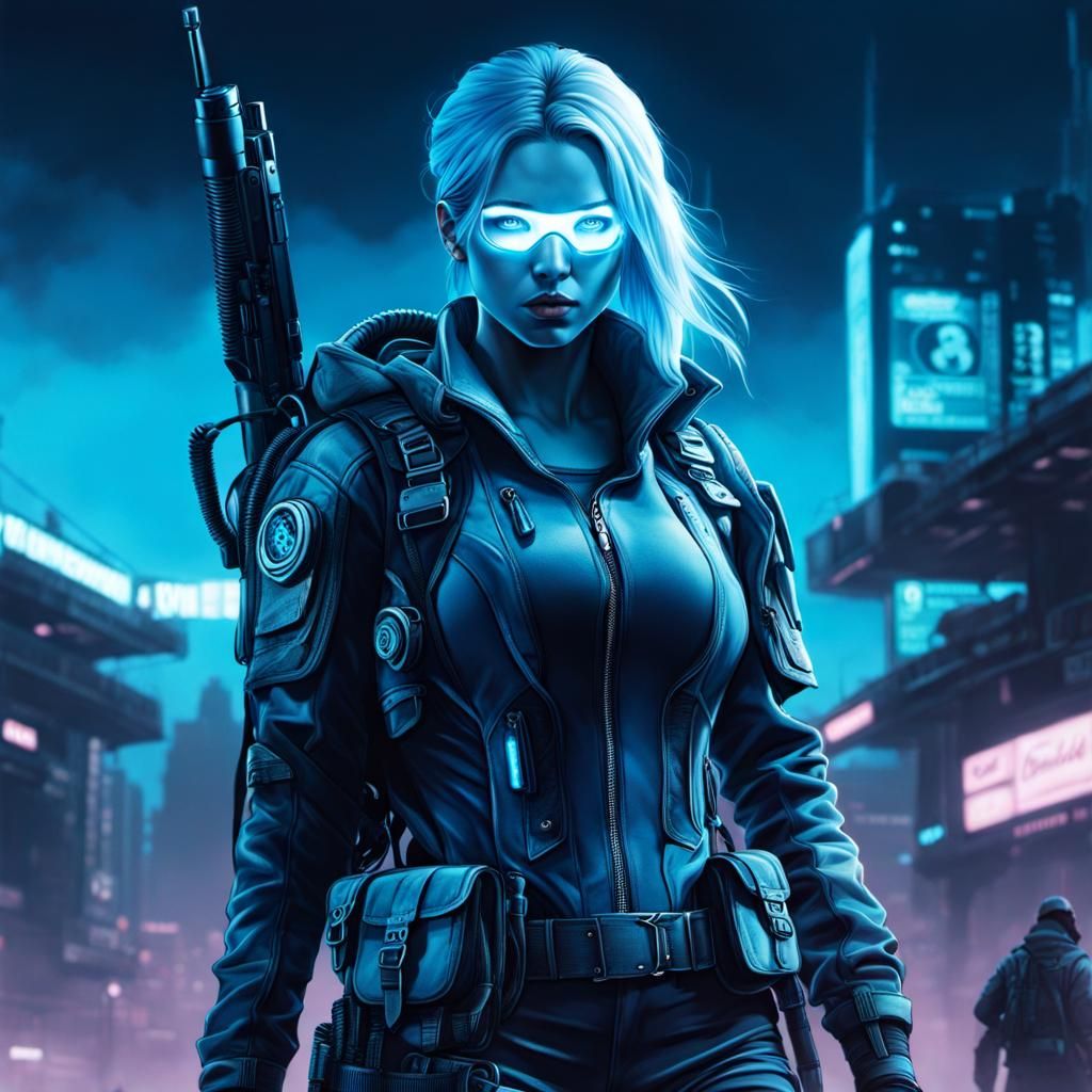 Cyberpunk Ghost in Post-Apocalyptic Cityscape