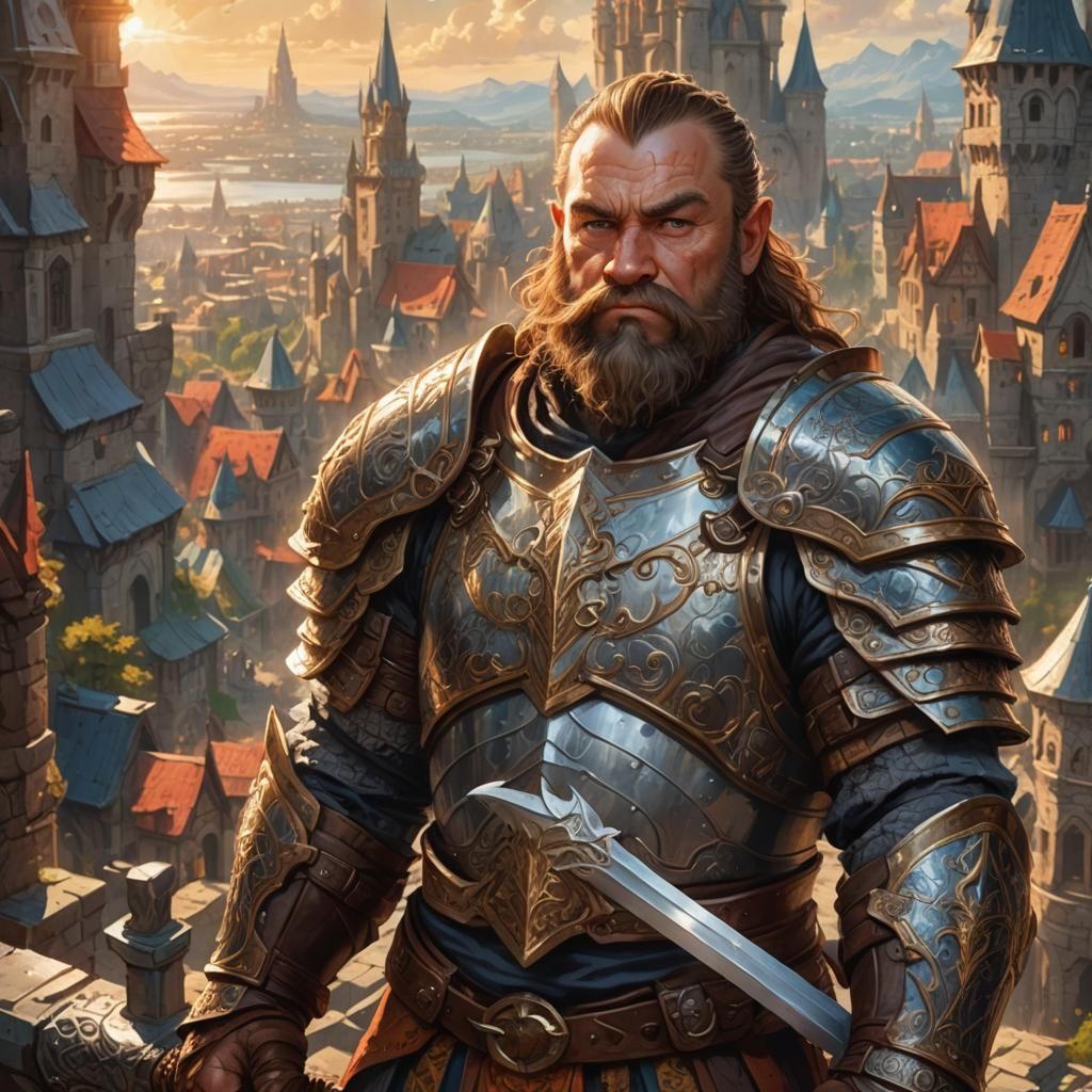 Dwarf Warrior Portrait in Fantasy Cityscape