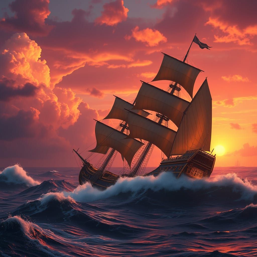 Majestic Galleon in Stormy Sunset