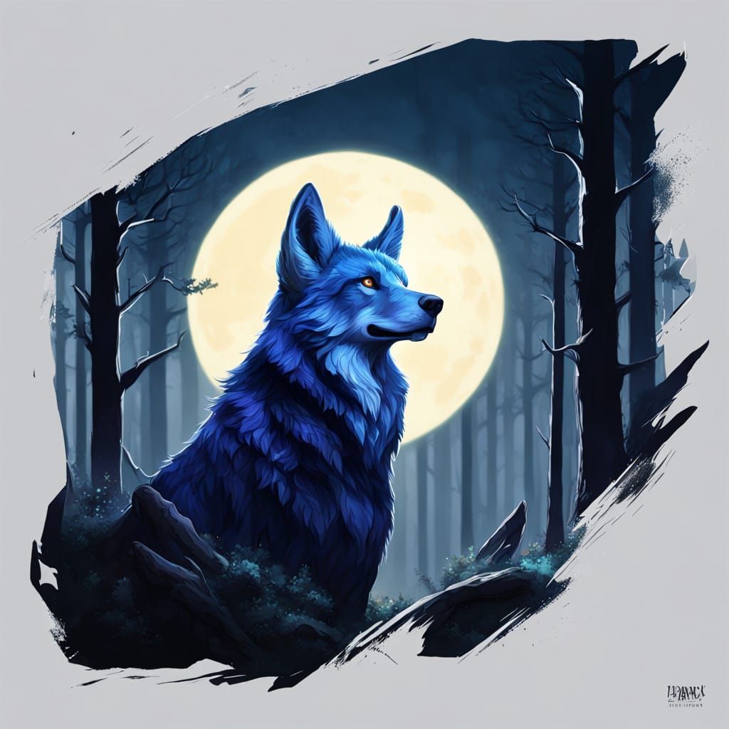 Lupine Howling at Moon in Dark Forest Digital Painting