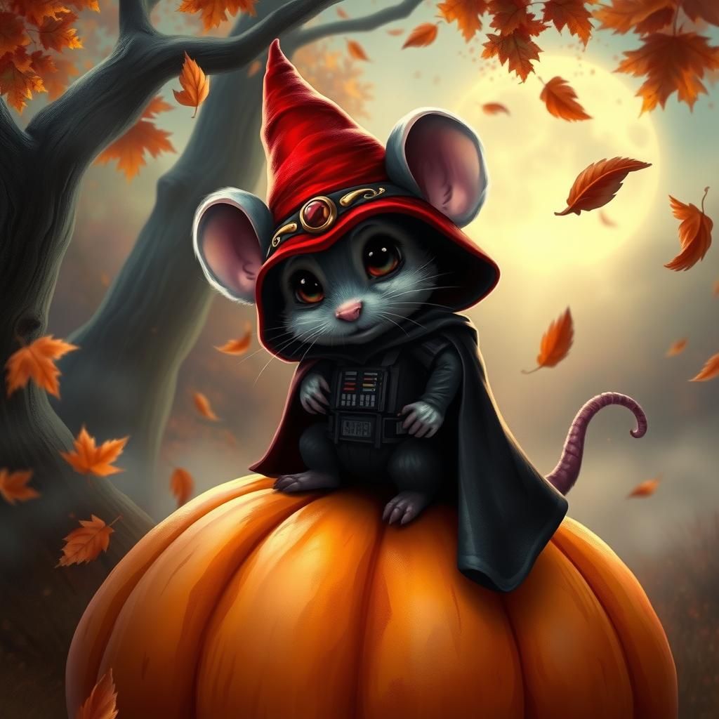 Mouse in Vader Outfit on Pumpkin, Fantasy Art