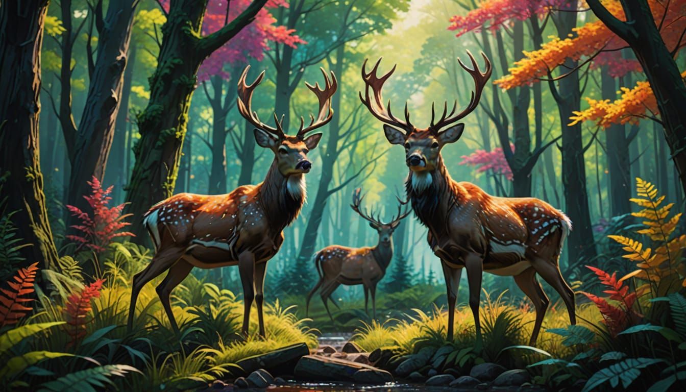 Nine-Colored Deer in Lush Forest: Hyperrealistic Concept Art