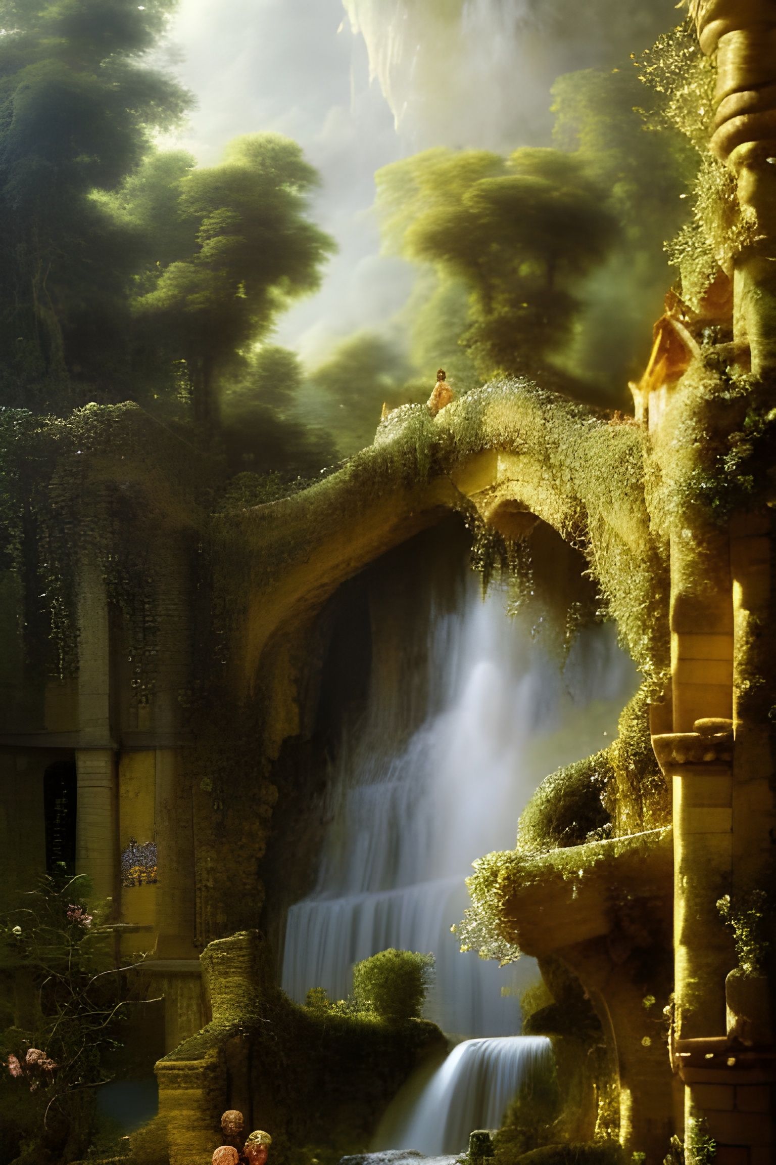 Medieval Jungle Village on Waterfalls as Oil Painting