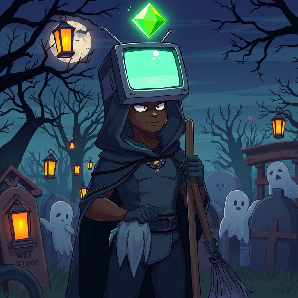 Anime-Style Warrior Cleans Spooky Graveyard with Mop and Bro...