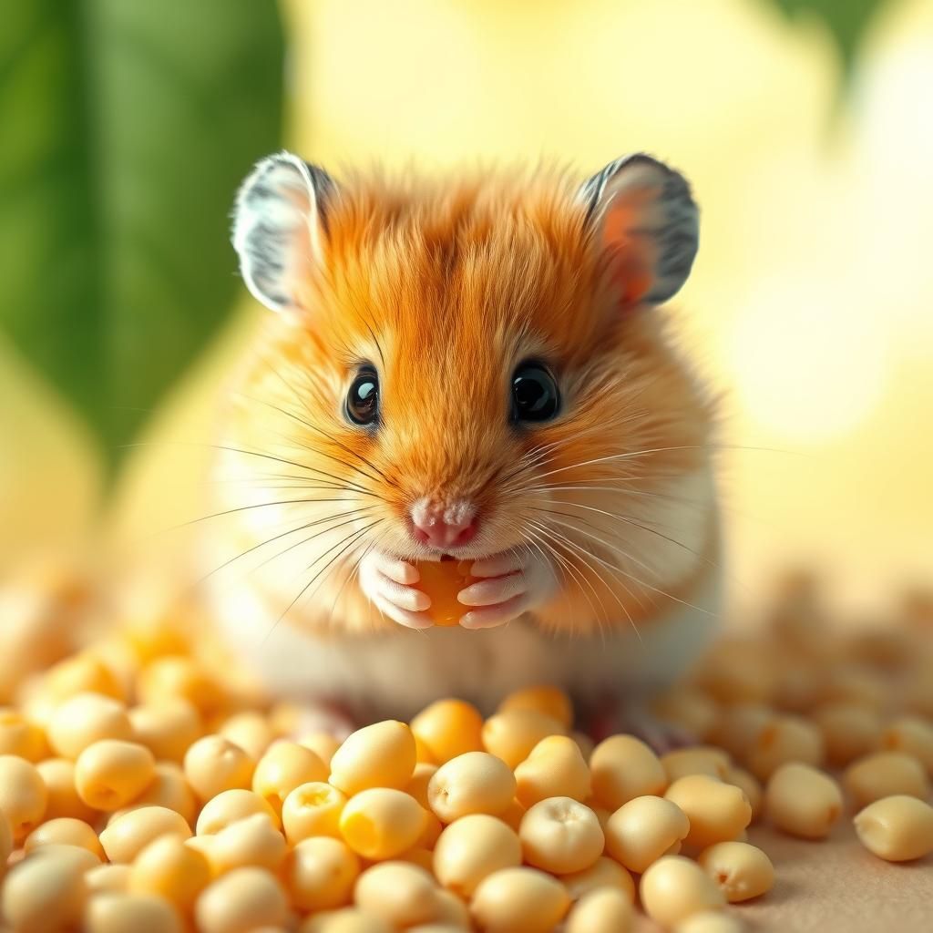 Hamster Portrait Munching Corn Kernels in Watercolor Style