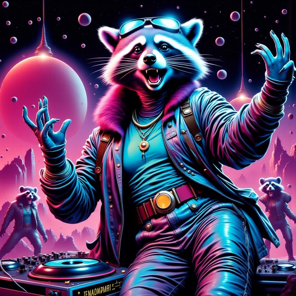 Vibrant Cosmic Raccoon DJ: Celebrating Joy and Liberation in...