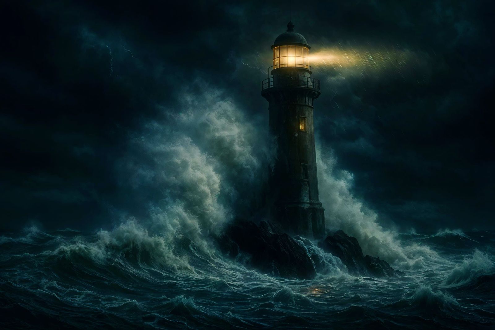 Lighthouse Battling a Violent Storm at Sea