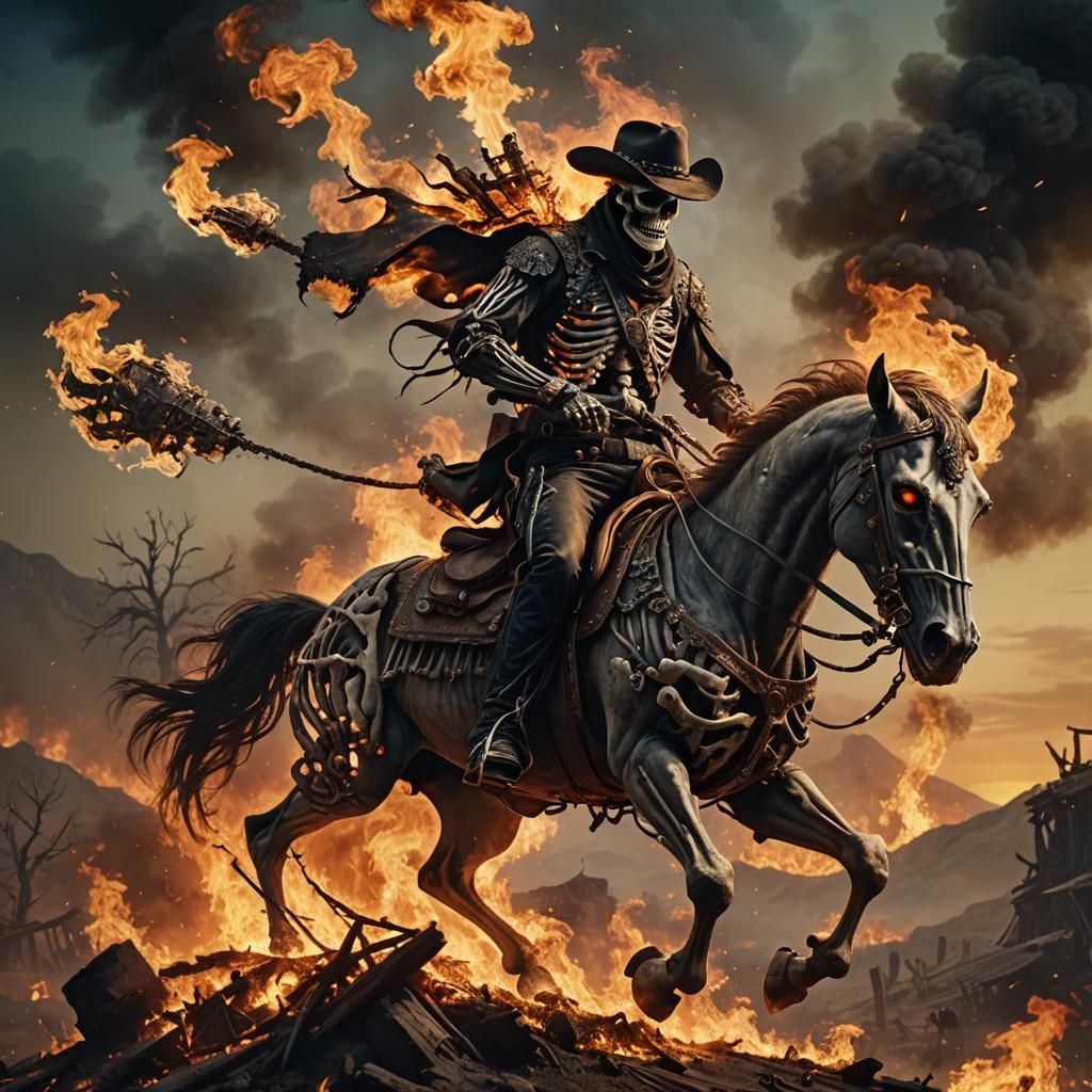 Skeleton cowboy riding a skeleton horse on fire