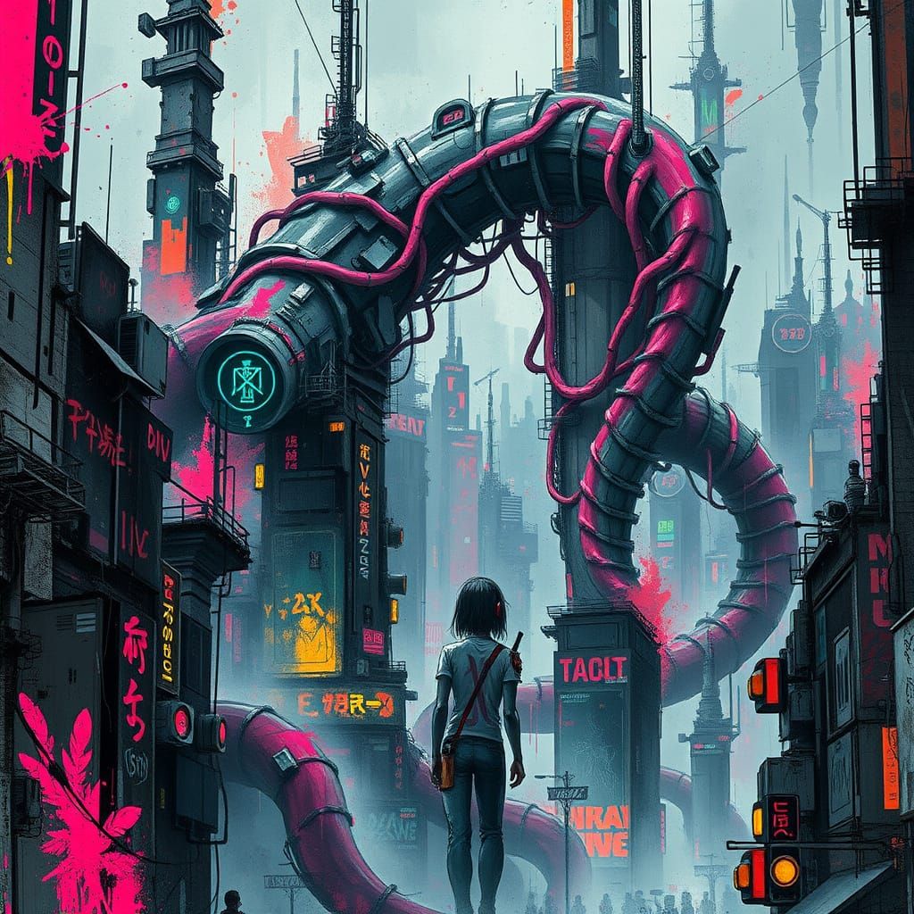 Dystopian Metropolis in Hypermaximalist Cyberpunk Style