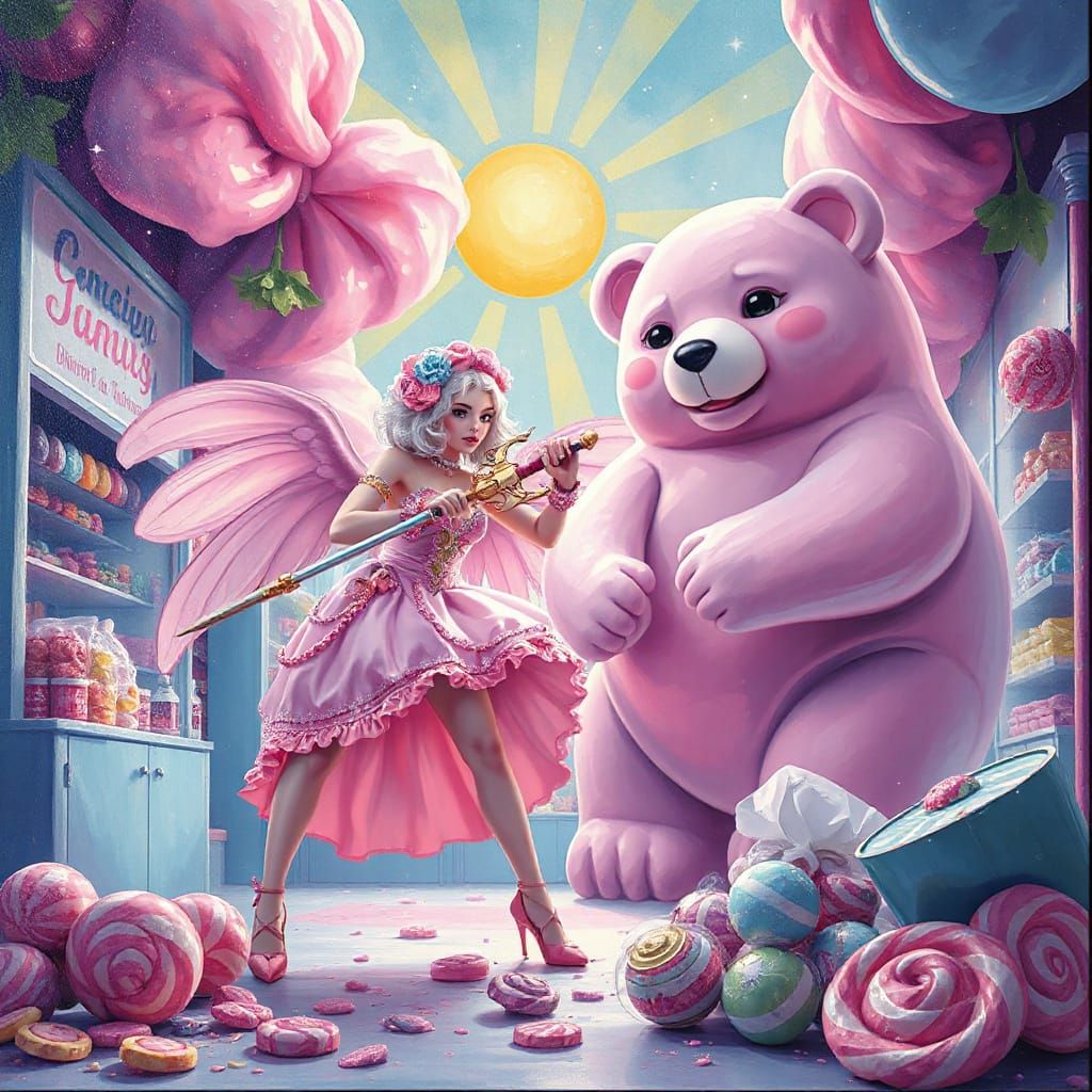 Candy Floss Goddess Battles Gummi Bear in Gouache Style