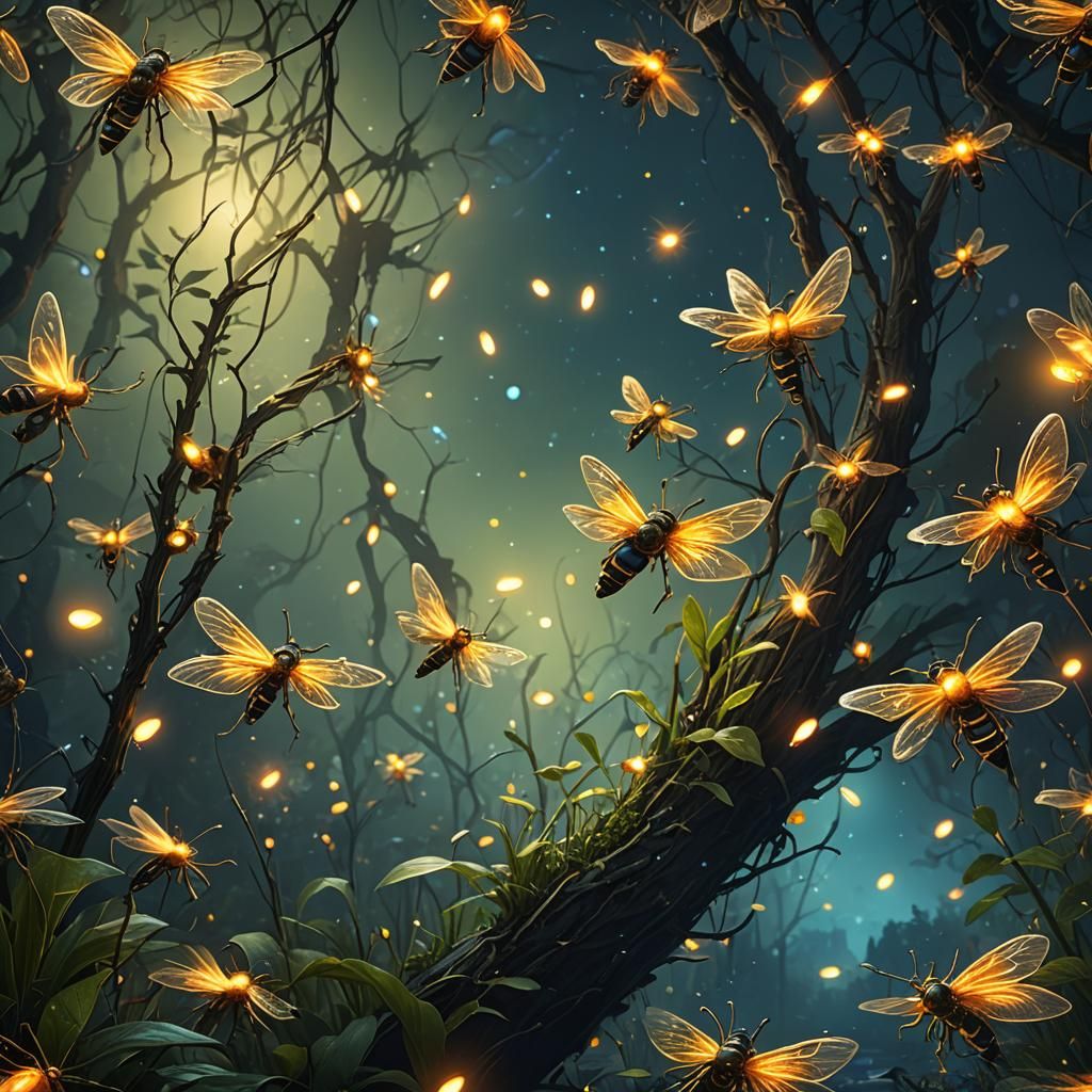 Enchanted Forest: Fireflies in a Detailed Digital Painting