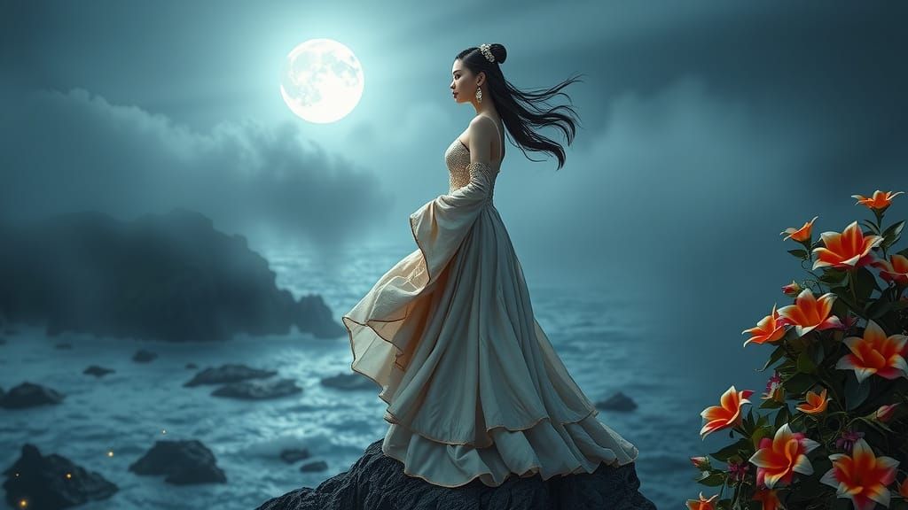 Ethereal Moonlit Dancer on Rocky Cliff