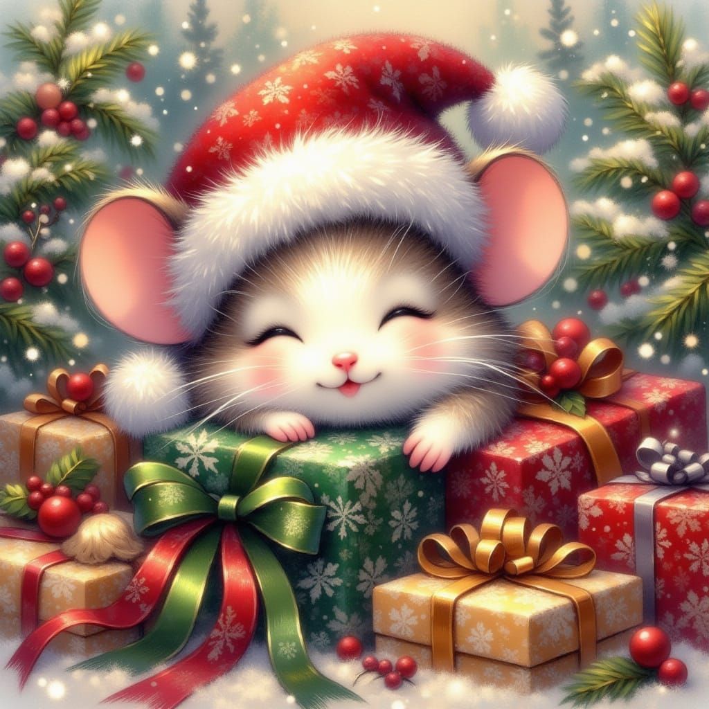 Two Mice Sleeping on Christmas Presents in Warm Winter Light