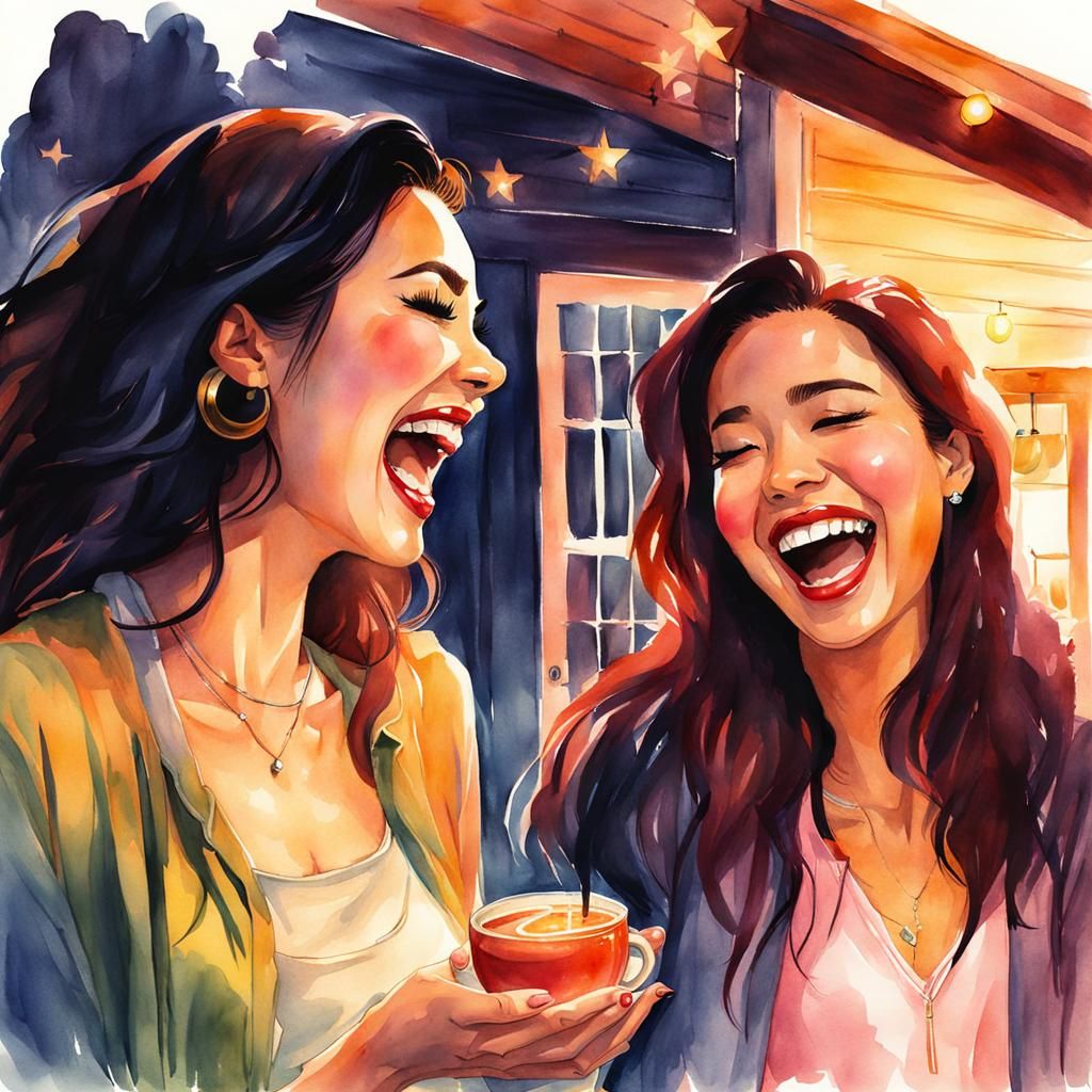 Women Laughing at Party in Watercolor Style