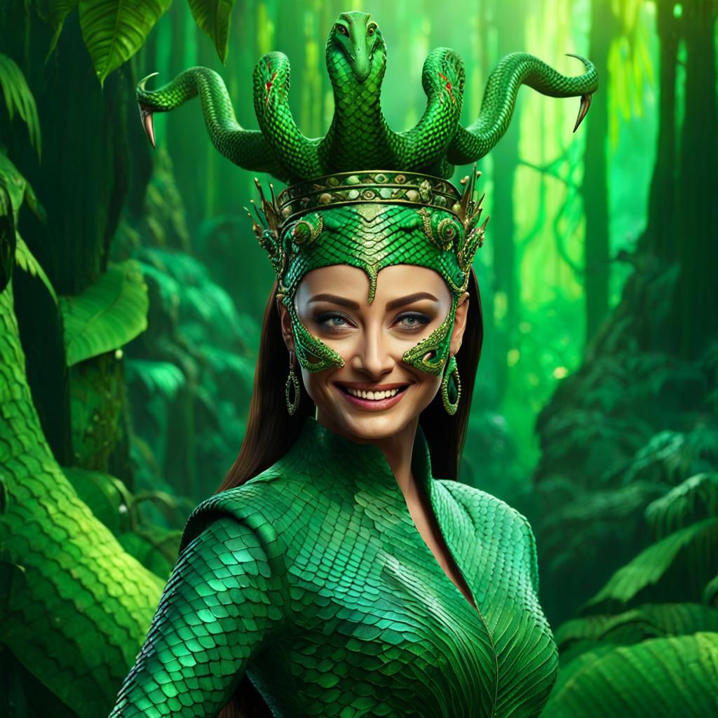 Green Snake Dress in Jungle, Matte Painting