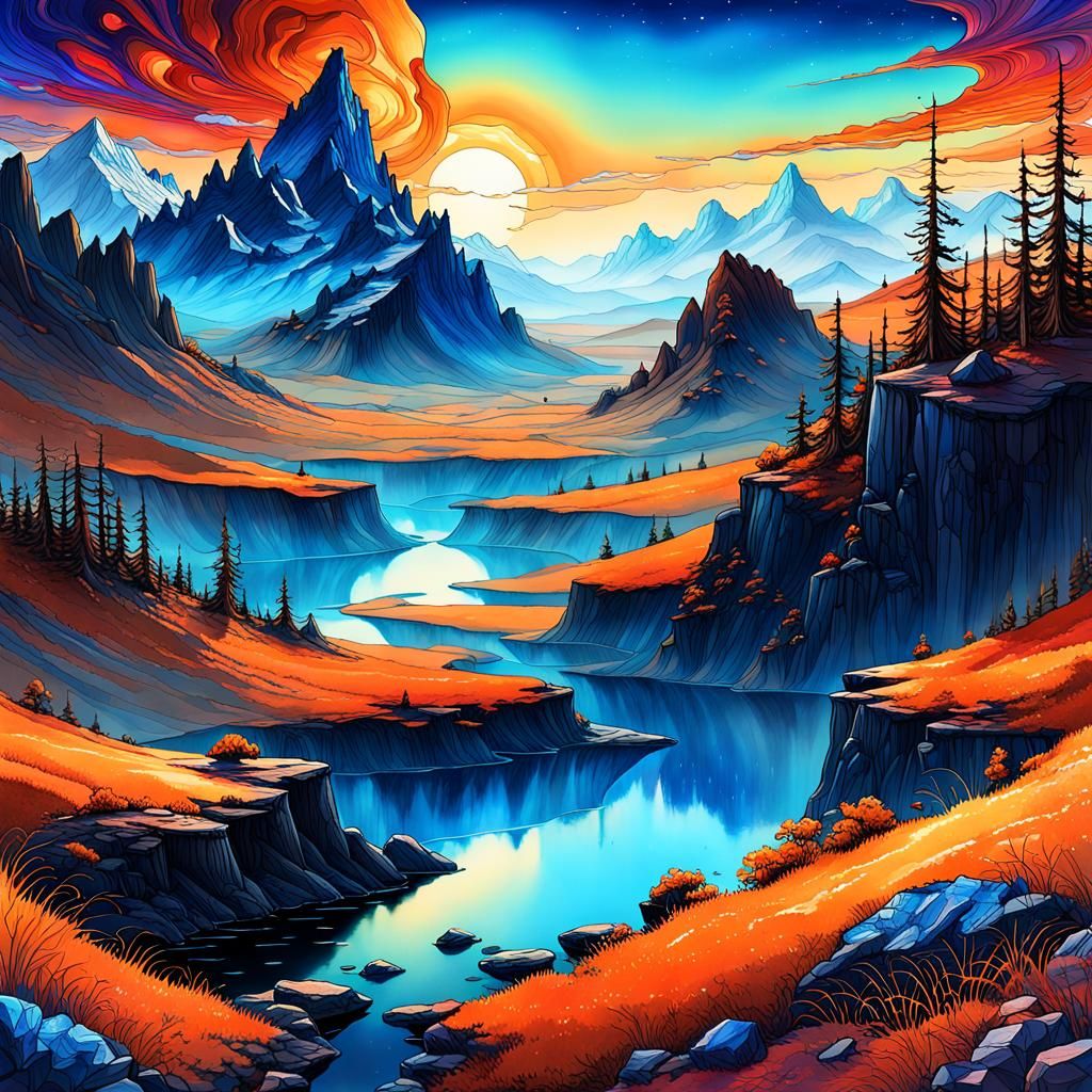 Solarpunk Landscape with Luminous Sun