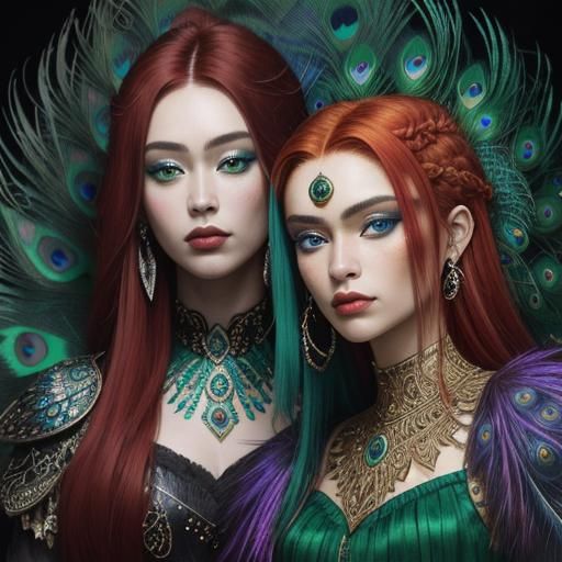 Dragon and Peacock Women Portrait in Abstract Expressionism