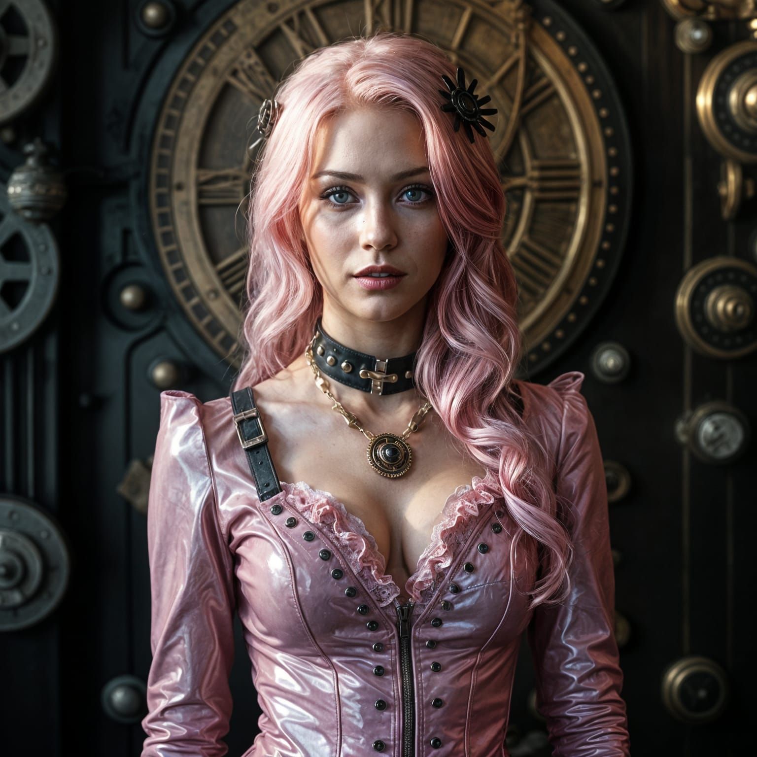 Steampunk Pin-Up Woman in Pink Latex Attire