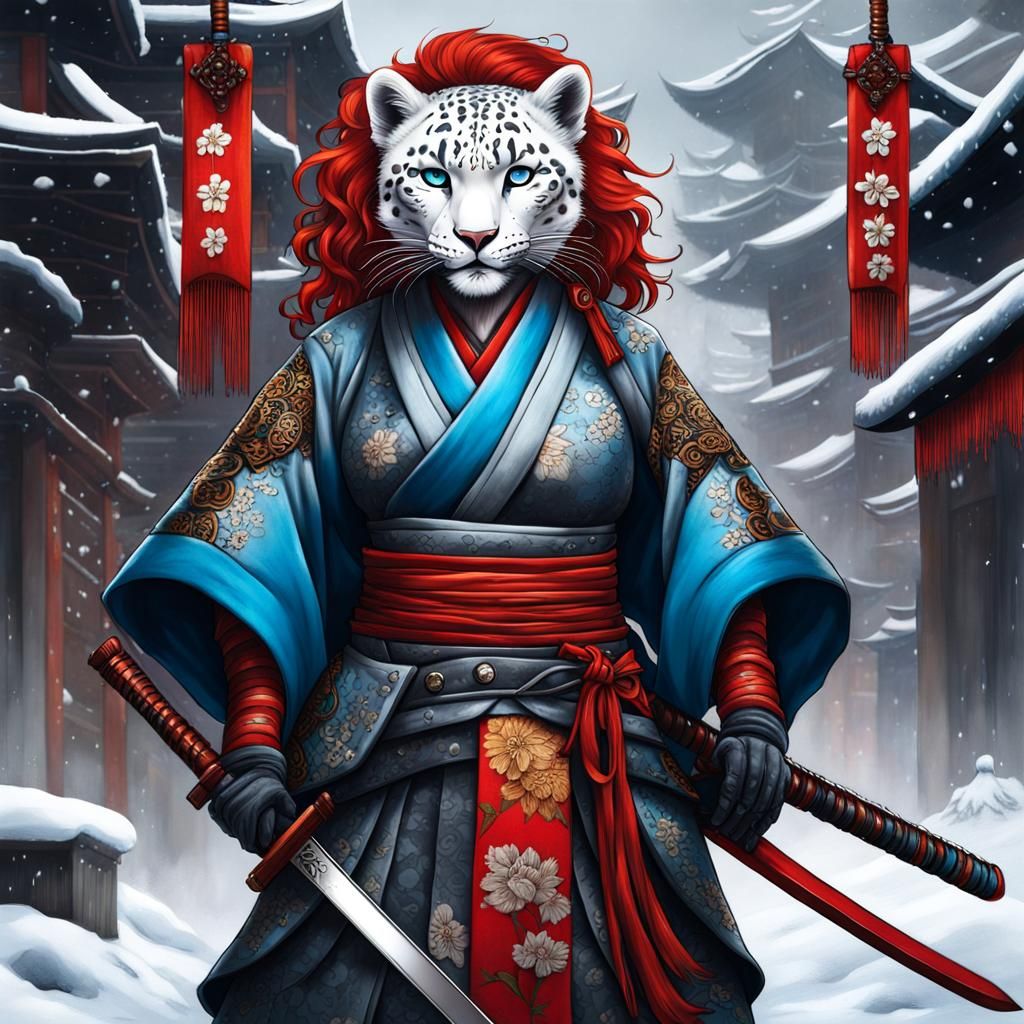 Snow Leopard Neko Samurai in Ancient Japan, Graffiti Art