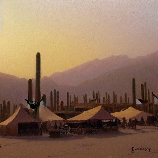 Desert Market Town in Fog, Oil Painting Style