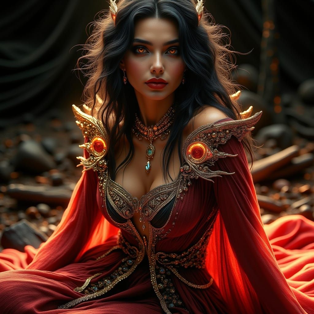 Cyberpunk Queen in Regal Crimson and Gold Attire