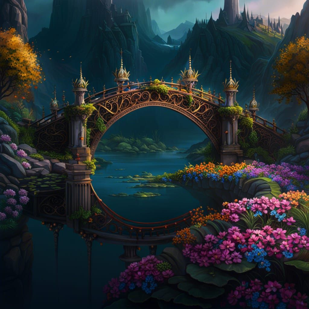 River Bridge with Crown of Flowers: Digital Art