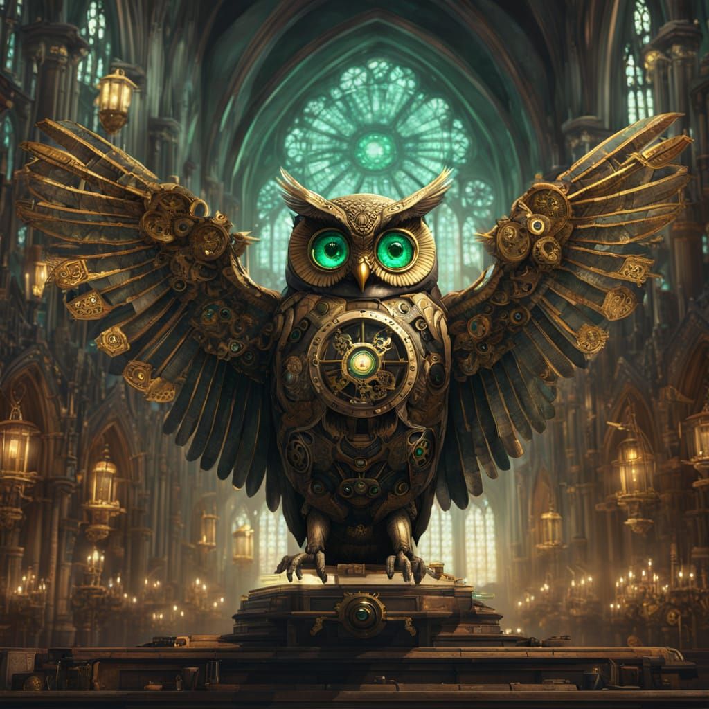 Steampunk painting. Medium shot. A clockwork owl with intric...