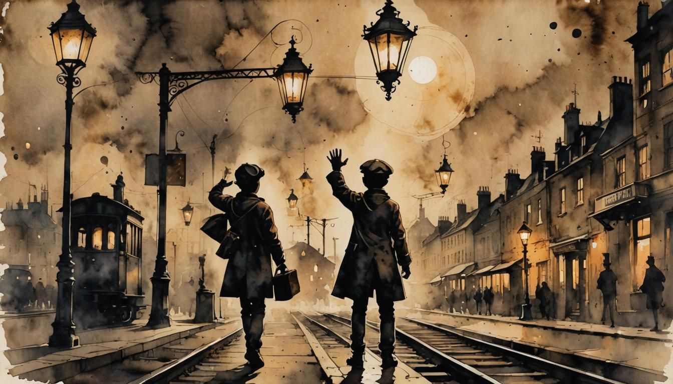 Boy Waving at Train in Steampunk Ink Painting
