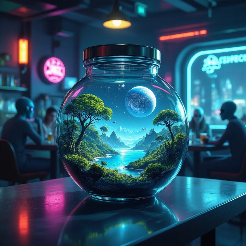 Miniature Planets in Jars in a Sci-Fi Cafe