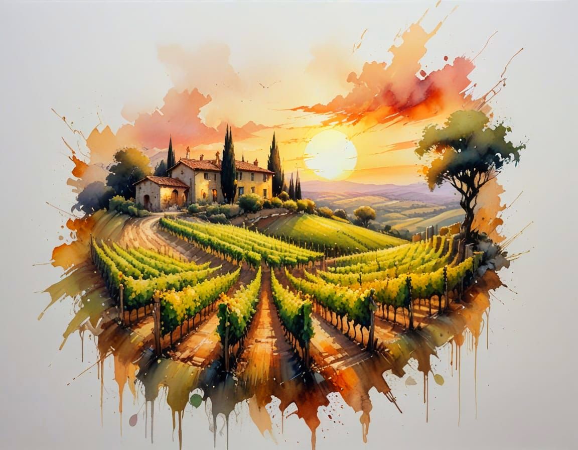 Tuscan Vineyard at Sunset: Golden Light on Rolling Hills