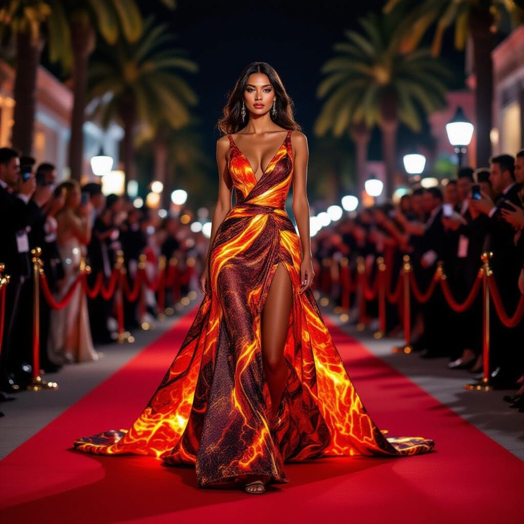 Lava Gown on the Red Carpet: Photorealistic Portrait
