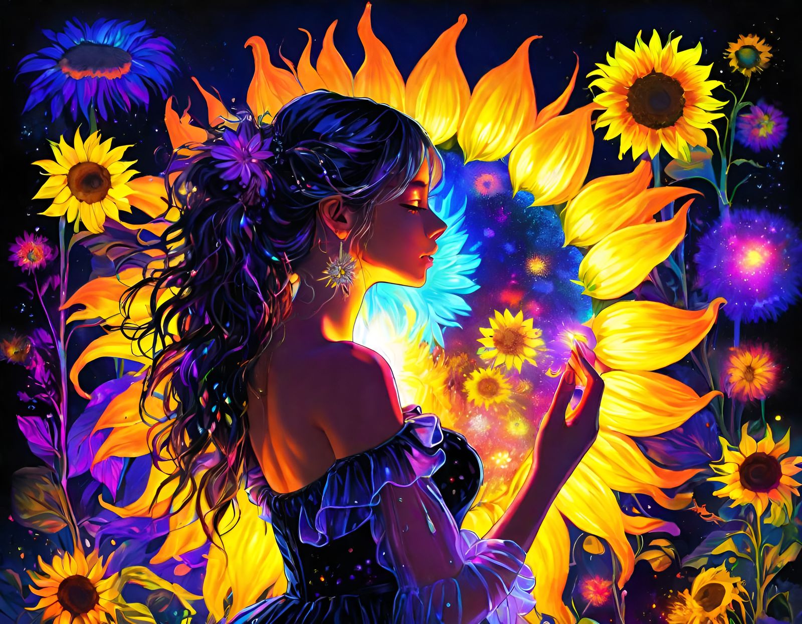 Anime Girl in Black Light Art with Sunflower Jewelry