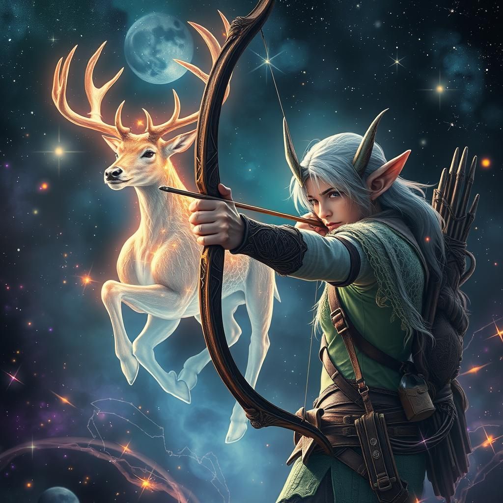Elven Archer Hunting Magical Deer in Cosmic Style