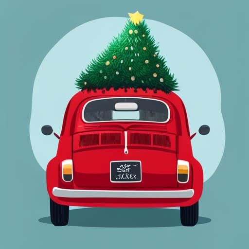Red Fiat 500 with Christmas Tree Illustration