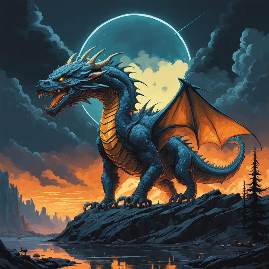 Mythical Dragon Amidst a Stormy Sky in a Frazetta-Inspired A...