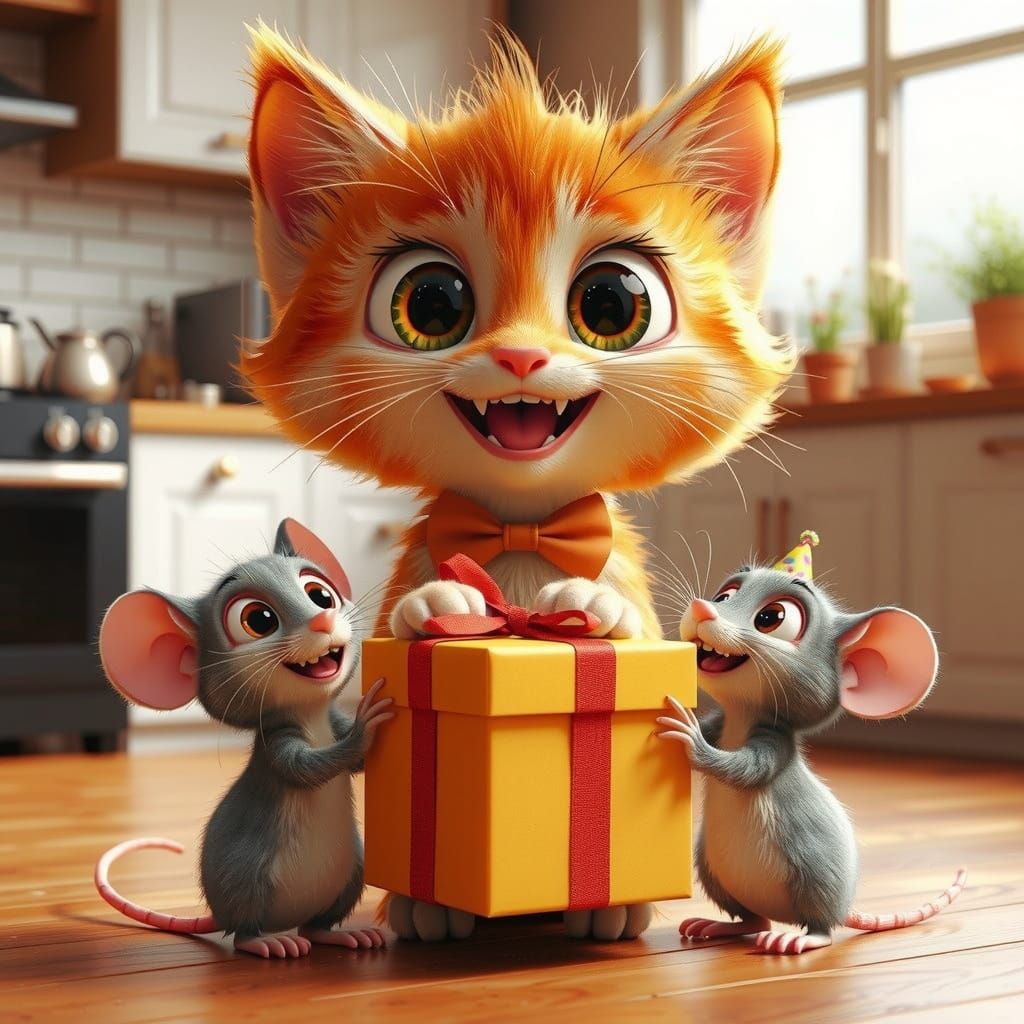 Fluffy Kitten Gifts Mouse in Pixar Style