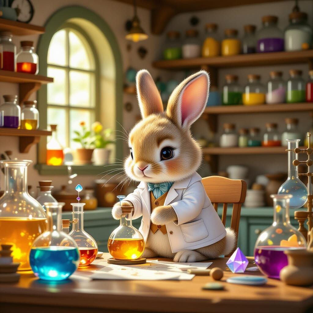 Rabbit Scientist in Whimsical Laboratory, Cartoon Style