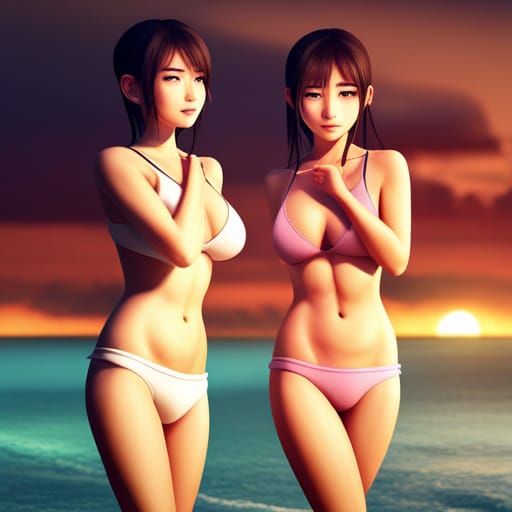Asian Girls on Beach at Sunset: 3D Digital Art