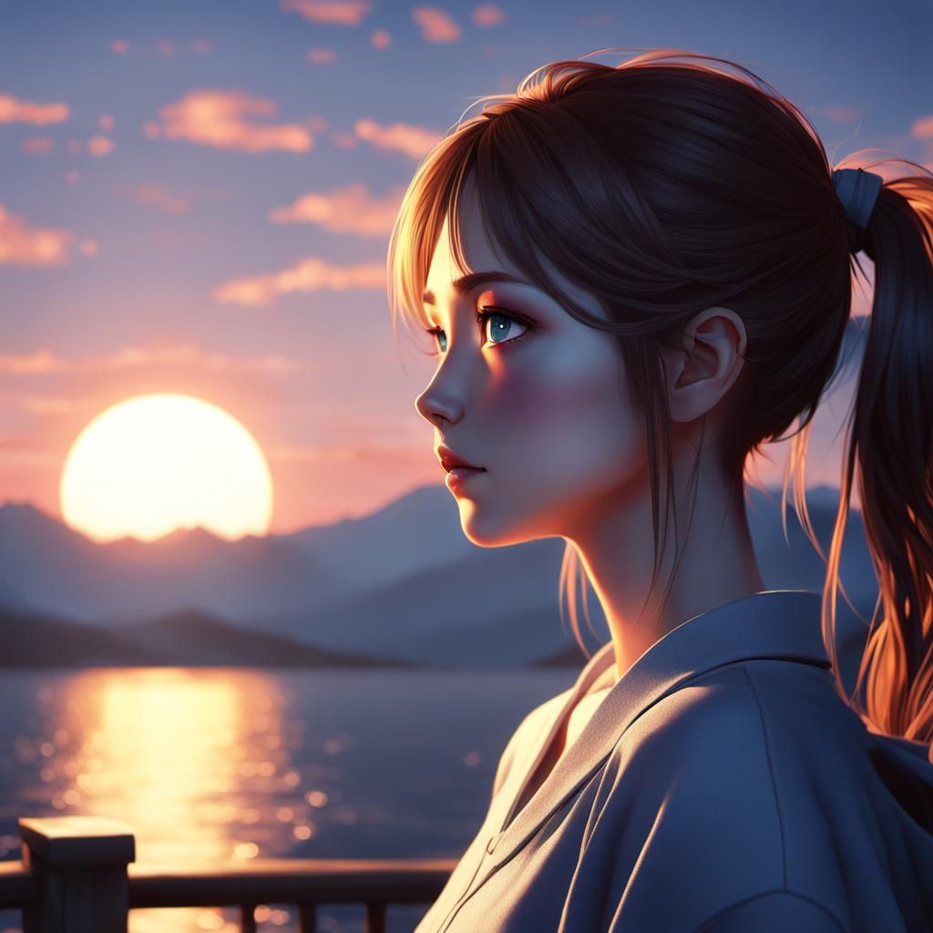 Anime Style Woman Staring at Sunset in 8k