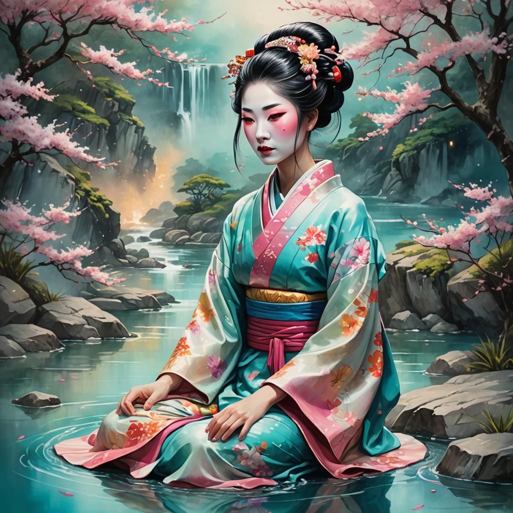 Enlightened Geisha Surrounded by Radiant Chakras Amidst Okin...