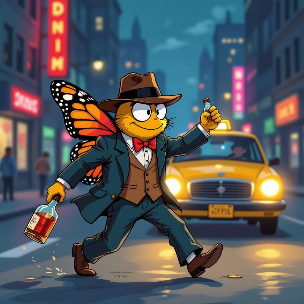 Drunk Butterfly Seeks Taxi in Cartoon Cityscape