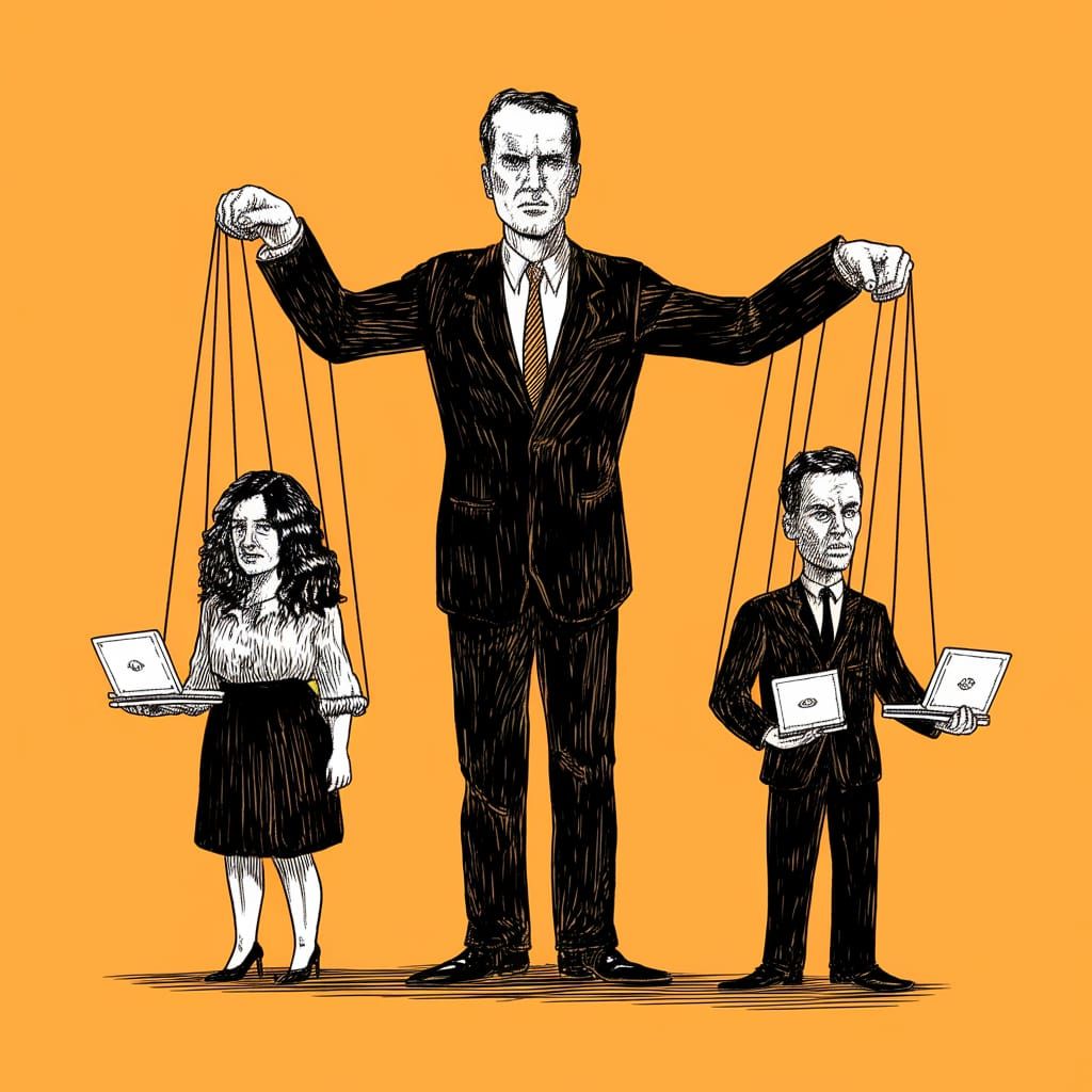 Tall Figure Manipulates Puppets in Corporate Setting